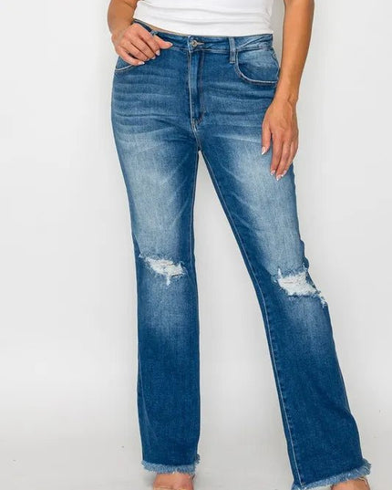 bytos Full Size Raw Hem Distressed High Rise Bootcut Jeans - THE AMERICAN BLUE