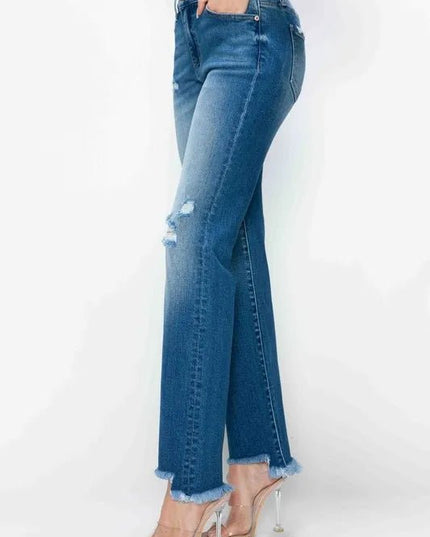 bytos Full Size Raw Hem Distressed Mid Rise Straight Jeans - THE AMERICAN BLUE