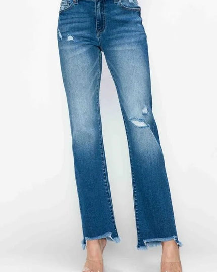 bytos Full Size Raw Hem Distressed Mid Rise Straight Jeans - THE AMERICAN BLUE