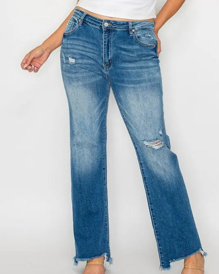 bytos Full Size Raw Hem Distressed Mid Rise Straight Jeans - THE AMERICAN BLUE