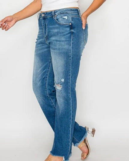 bytos Full Size Raw Hem Distressed Mid Rise Straight Jeans - THE AMERICAN BLUE