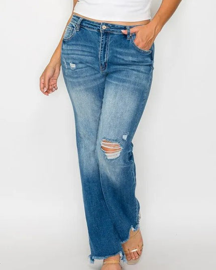bytos Full Size Raw Hem Distressed Mid Rise Straight Jeans - THE AMERICAN BLUE