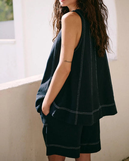 Casual Contrast Stitch Denim Tank Top and Shorts Set - THE AMERICAN BLUE