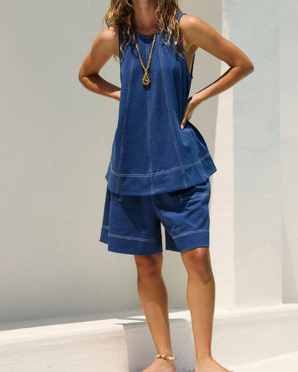 Casual Contrast Stitch Denim Tank Top and Shorts Set - THE AMERICAN BLUE