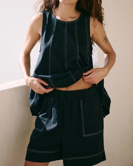 Casual Contrast Stitch Denim Tank Top and Shorts Set - THE AMERICAN BLUE