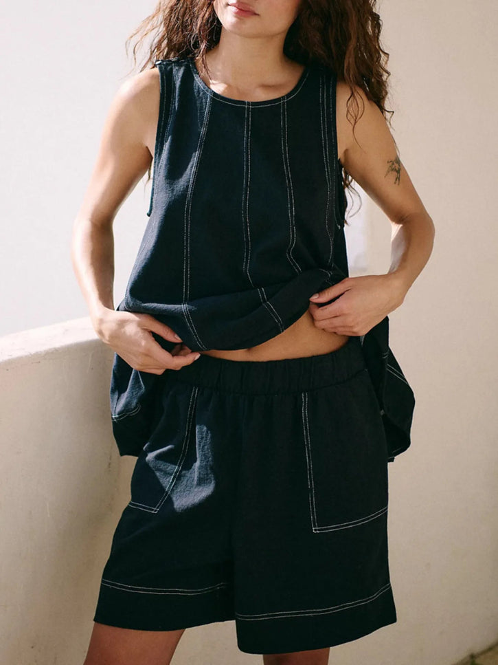 Casual Contrast Stitch Denim Tank Top and Shorts Set - THE AMERICAN BLUE