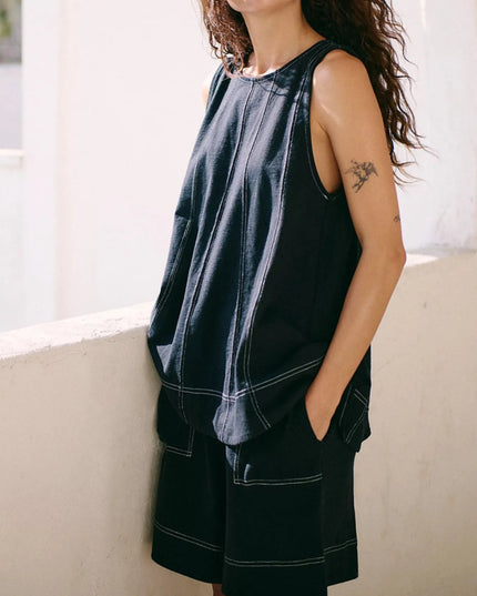 Casual Contrast Stitch Denim Tank Top and Shorts Set - THE AMERICAN BLUE