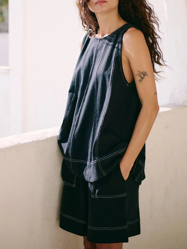 Casual Contrast Stitch Denim Tank Top and Shorts Set - THE AMERICAN BLUE