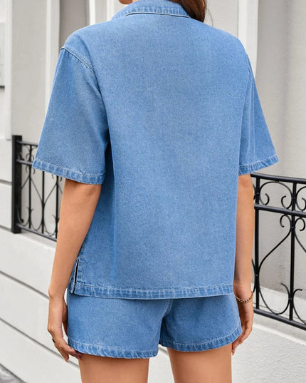 Casual Drop Shoulder Denim Shirt & Shorts Set - THE AMERICAN BLUE