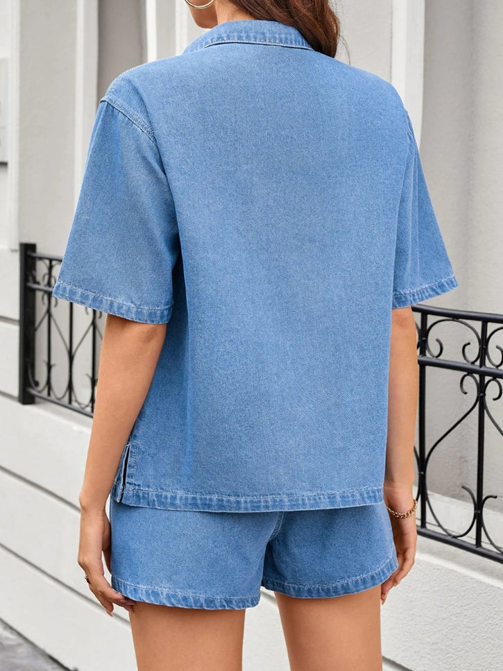 Casual Drop Shoulder Denim Shirt & Shorts Set - THE AMERICAN BLUE