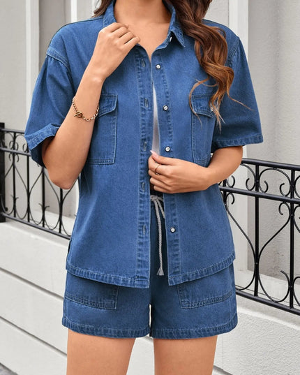 Casual Drop Shoulder Denim Shirt & Shorts Set - THE AMERICAN BLUE