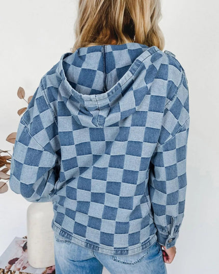 Checkered Half Zip Denim Hoodie Top - THE AMERICAN BLUE
