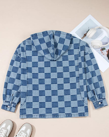 Checkered Half Zip Denim Hoodie Top - THE AMERICAN BLUE