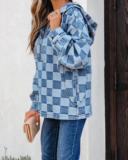 Checkered Half Zip Denim Hoodie Top - THE AMERICAN BLUE