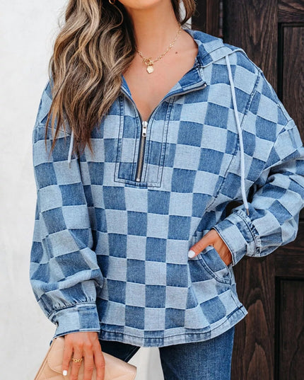 Checkered Half Zip Denim Hoodie Top - THE AMERICAN BLUE