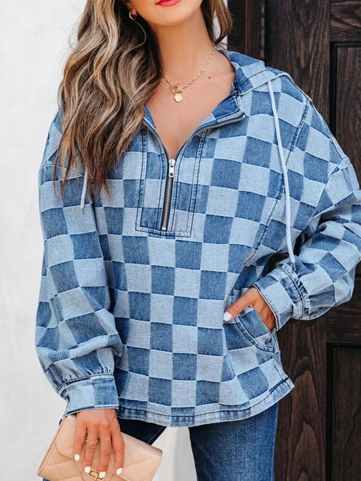 Checkered Half Zip Denim Hoodie Top - THE AMERICAN BLUE