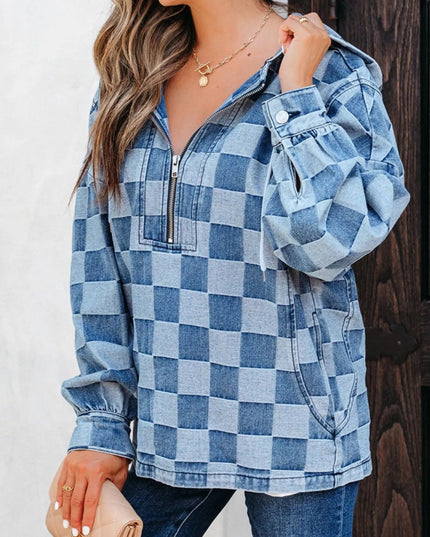 Checkered Half Zip Denim Hoodie Top - THE AMERICAN BLUE