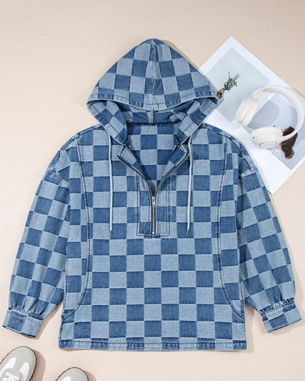 Checkered Half Zip Denim Hoodie Top - THE AMERICAN BLUE