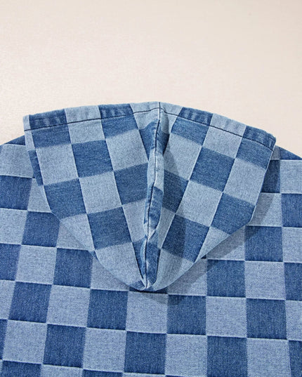 Checkered Half Zip Denim Hoodie Top - THE AMERICAN BLUE