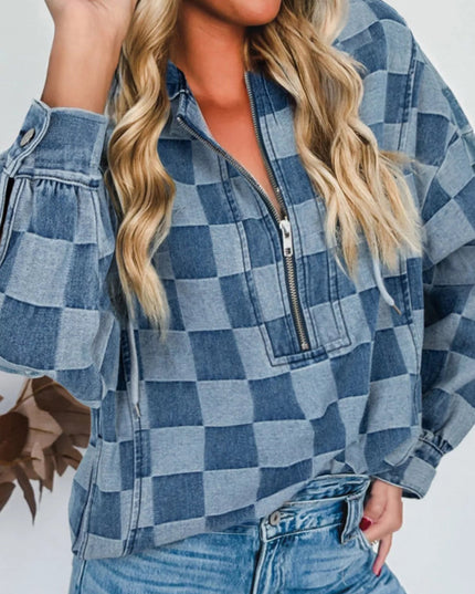 Checkered Half Zip Denim Hoodie Top - THE AMERICAN BLUE