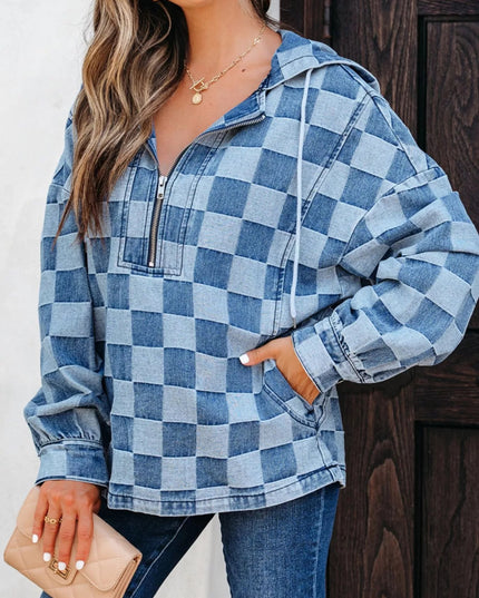 Checkered Half Zip Denim Hoodie Top - THE AMERICAN BLUE