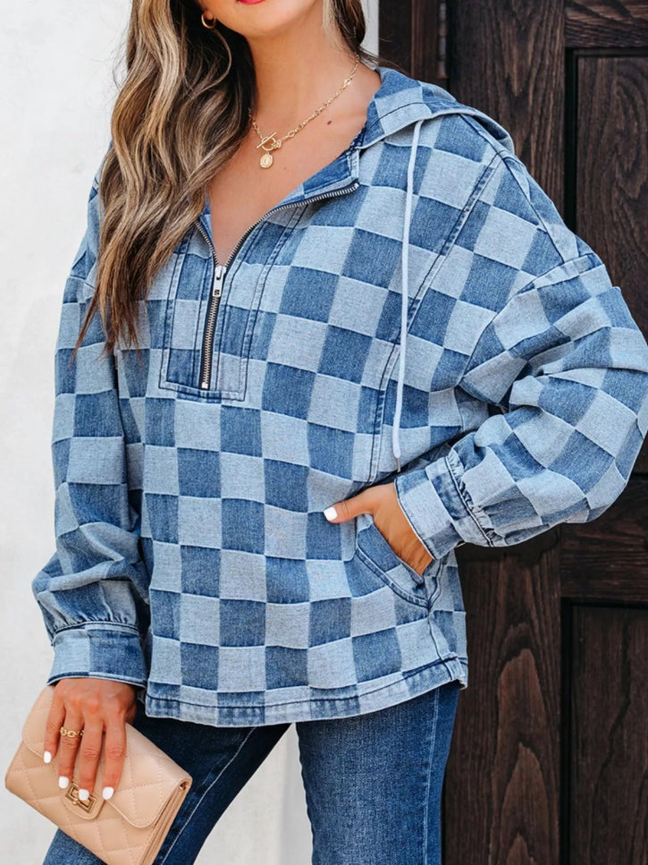 Checkered Half Zip Denim Hoodie Top - THE AMERICAN BLUE