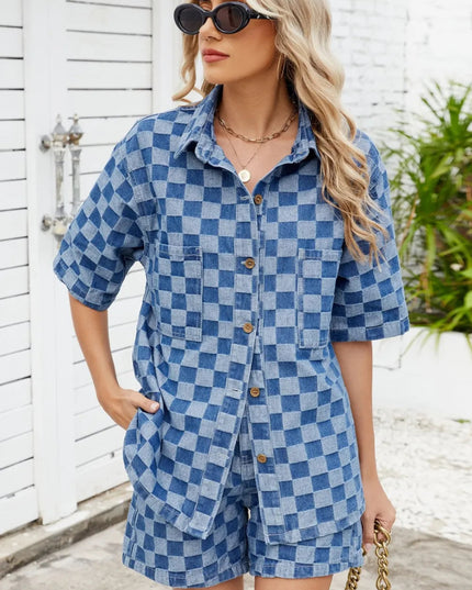 Checkered Shirt and Shorts Denim Set - THE AMERICAN BLUE