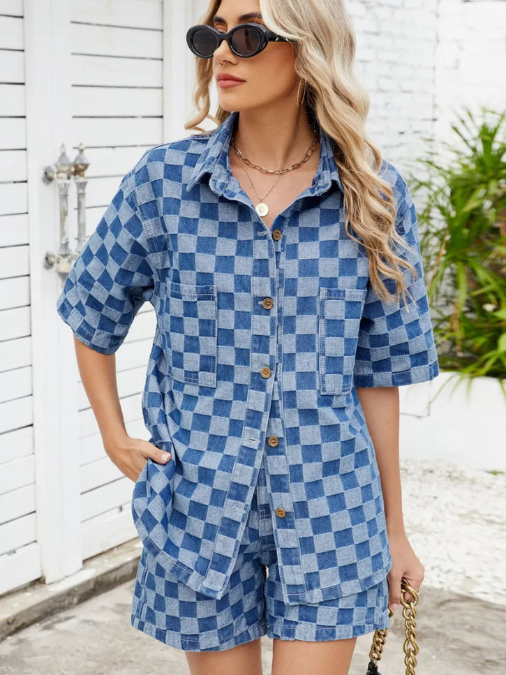 Checkered Shirt and Shorts Denim Set - THE AMERICAN BLUE