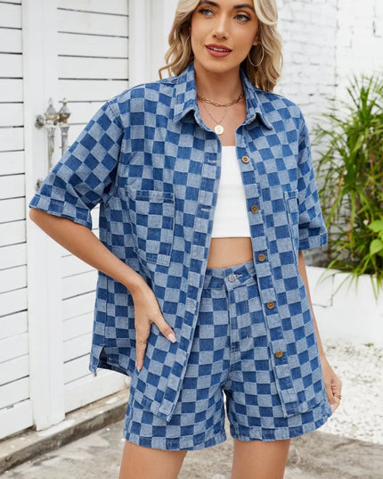 Checkered Shirt and Shorts Denim Set - THE AMERICAN BLUE