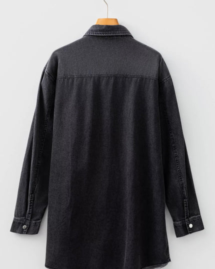 Chest Pocket Raw Hem Denim Loose Shirt Dress - THE AMERICAN BLUE