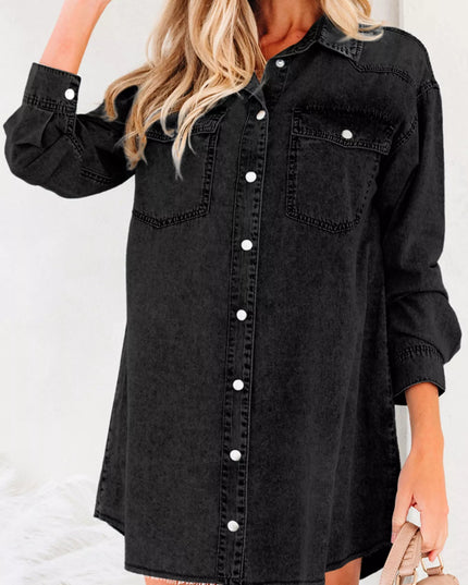 Chest Pocket Raw Hem Denim Loose Shirt Dress - THE AMERICAN BLUE