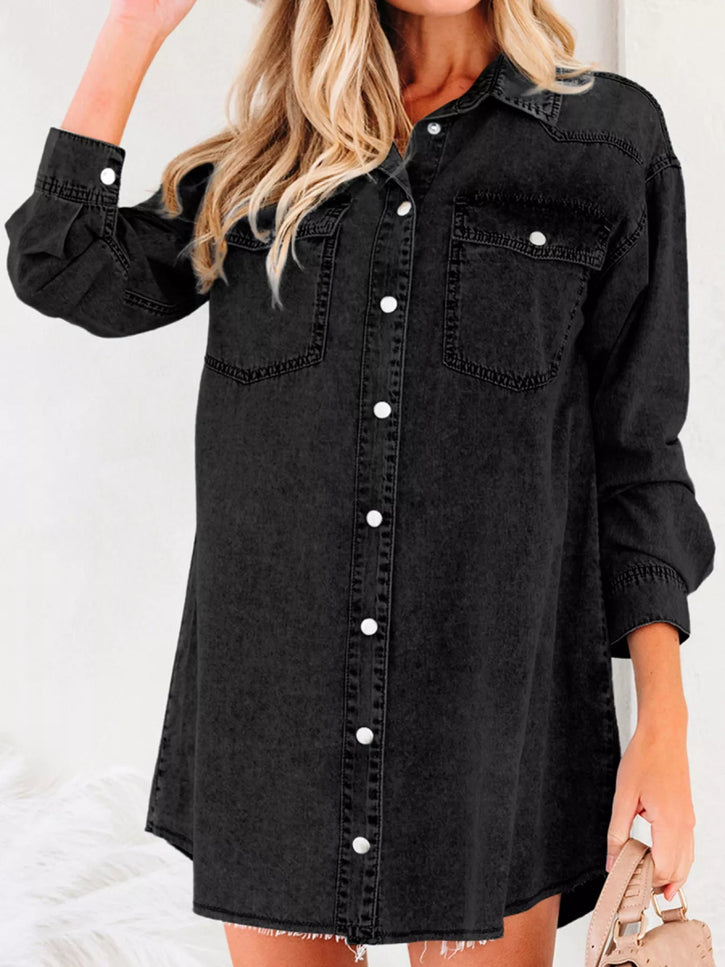 Chest Pocket Raw Hem Denim Loose Shirt Dress - THE AMERICAN BLUE