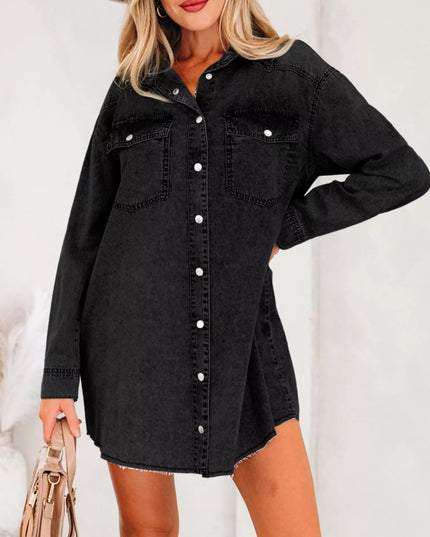 Chest Pocket Raw Hem Denim Loose Shirt Dress - THE AMERICAN BLUE