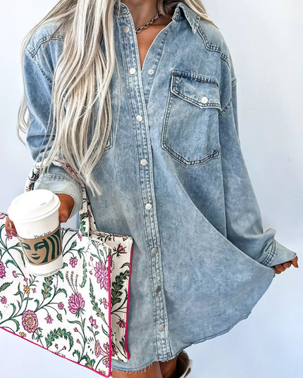 Chest Pocket Raw Hem Denim Loose Shirt Dress - THE AMERICAN BLUE