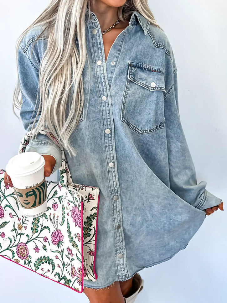 Chest Pocket Raw Hem Denim Loose Shirt Dress - THE AMERICAN BLUE