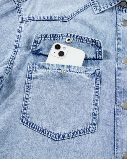 Chest Pocket Raw Hem Denim Loose Shirt Dress - THE AMERICAN BLUE