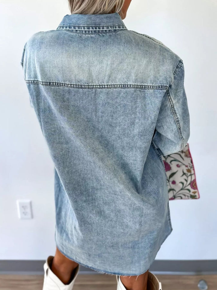 Chest Pocket Raw Hem Denim Loose Shirt Dress - THE AMERICAN BLUE