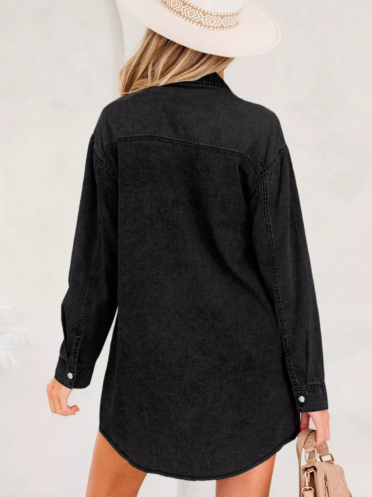 Chest Pocket Raw Hem Denim Loose Shirt Dress - THE AMERICAN BLUE