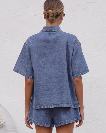 Collared Neck Button Up Top and Shorts Denim Set - THE AMERICAN BLUE
