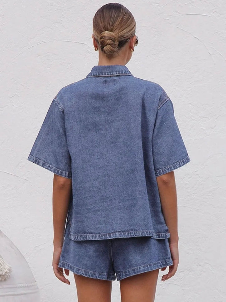 Collared Neck Button Up Top and Shorts Denim Set - THE AMERICAN BLUE