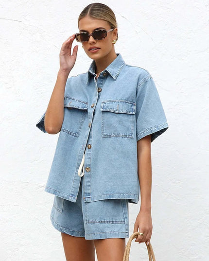 Collared Neck Button Up Top and Shorts Denim Set - THE AMERICAN BLUE