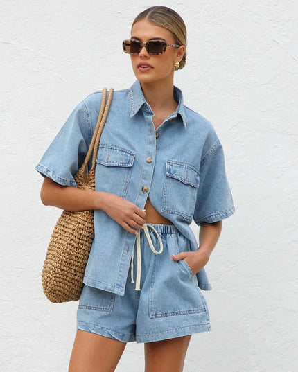 Collared Neck Button Up Top and Shorts Denim Set - THE AMERICAN BLUE