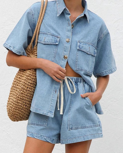 Collared Neck Button Up Top and Shorts Denim Set - THE AMERICAN BLUE