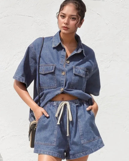 Collared Neck Button Up Top and Shorts Denim Set - THE AMERICAN BLUE