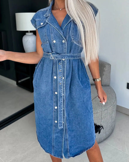 Collared Neck Cap Sleeve Denim Dress - THE AMERICAN BLUE