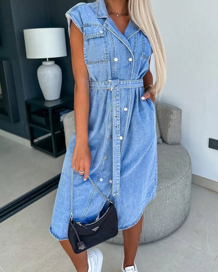 Collared Neck Cap Sleeve Denim Dress - THE AMERICAN BLUE