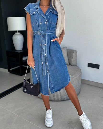 Collared Neck Cap Sleeve Denim Dress - THE AMERICAN BLUE