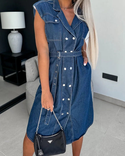 Collared Neck Cap Sleeve Denim Dress - THE AMERICAN BLUE