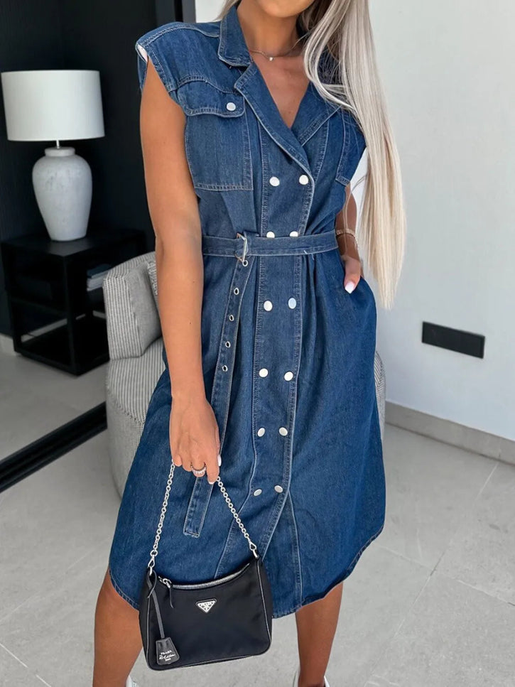 Collared Neck Cap Sleeve Denim Dress - THE AMERICAN BLUE