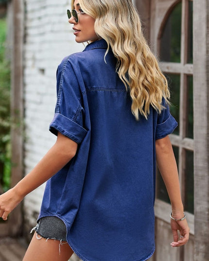 Collared Neck Denim Jacket with Pockets - THE AMERICAN BLUE